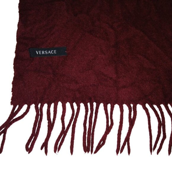 Versace Burgundy Fringed Scarf with Embroidered Medusa Pre-Owned - Picture 7 of 8